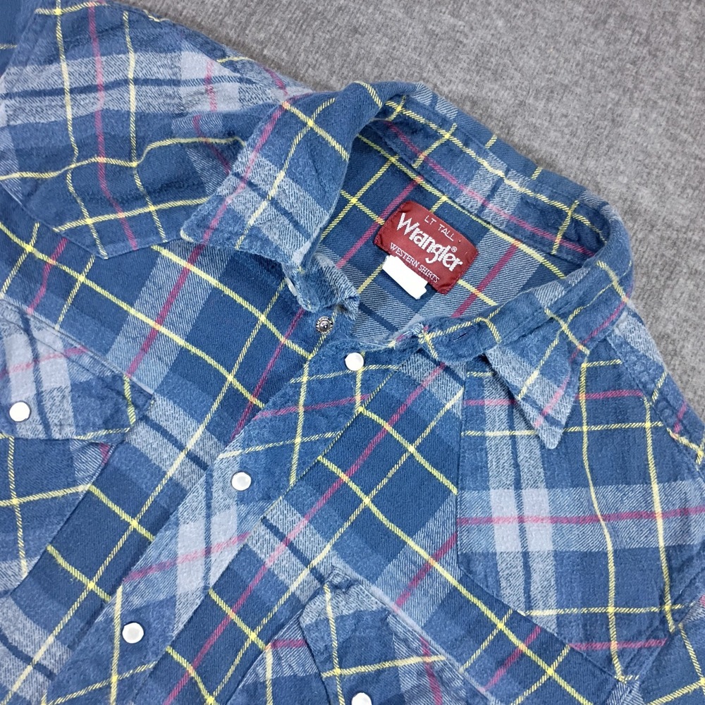 Wrangler Western Shirt Mens Large Tall Blue Plaid Pearl Snap Flannel 75702TL